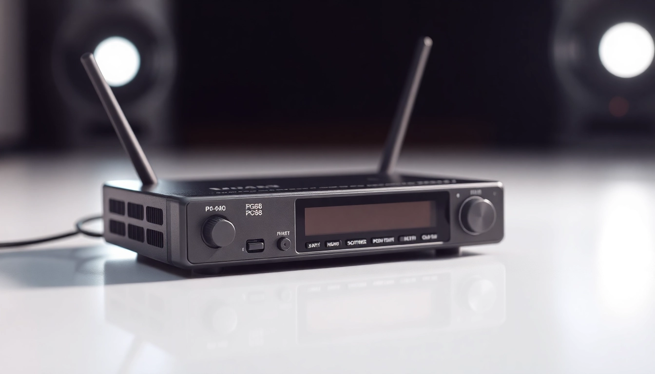 High-quality PG88 wireless microphone receiver with visible controls, antenna, and sleek design, suitable for stage and studio use.