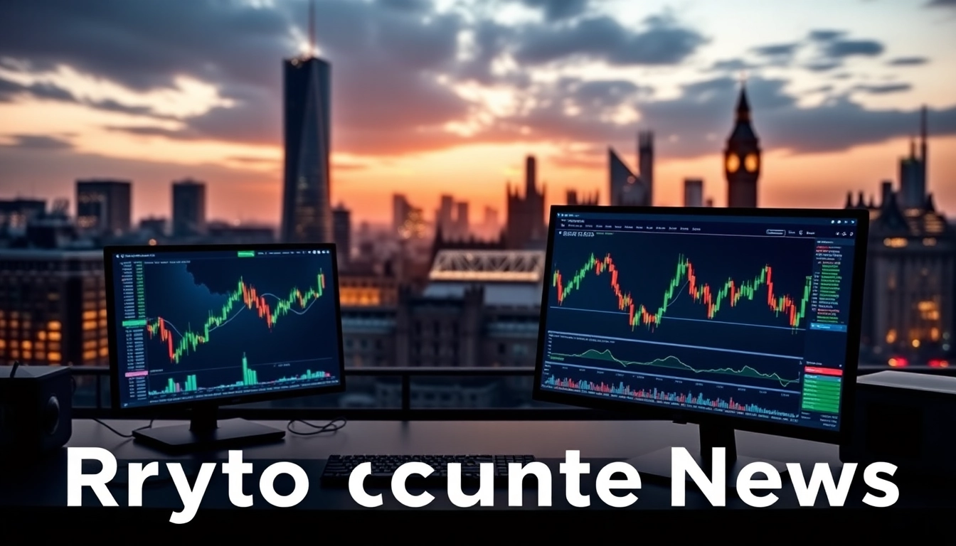 Cryptocurrency Trading News London illustrated with vibrant charts and London skyline in the